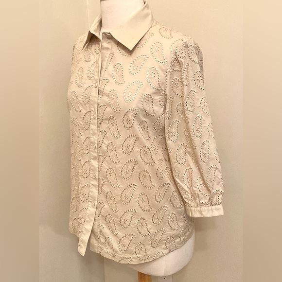 Linea by Louis Dell’Olio Cream Paisley Embroidered Puff Short Sleeve Top Size M - Picture 5 of 10
